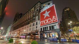 Lights shine near a closed Macy’s Herald Square as people remain at home to stop the spread of coronavirus on March 29, 2020 in New York City.