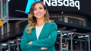 Jessica Alba poses in front of NASDAQ headquarters on the day of the IPO of her company Honest on May 05, 2021 in New York City.