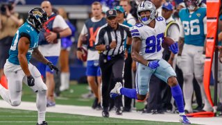 Dallas Cowboys wide receiver Brandon Smith (80) runs for a first down during the game between the Dallas Cowboys and the Jacksonville Jaguars on August 29, 2021 at AT&T Stadium in Arlington, Texas.