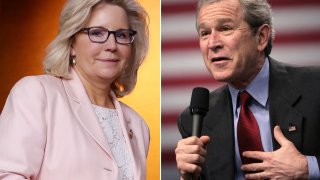 Combination with Rep. Liz Cheney (R-WY) (L), Former President George W. Bush.