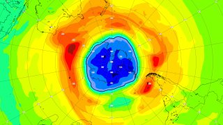 Map of the ozone hole over the South Pole on 16 September 2021