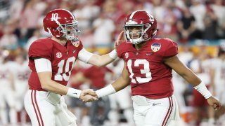 MIAMI, FL – DECEMBER 29: Tua Tagovailoa #13 and Mac Jones #10 of the Alabama Crimson Tide celebrate the touchdown in the first quarter during the College Football Playoff Semifinal against the Oklahoma Sooners at the Capital One Orange Bowl at Hard Rock Stadium on December 29, 2018 in Miami, Florida. (Photo by Streeter Lecka/Getty Images)