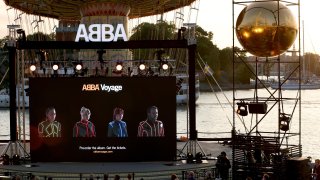 Members of the Swedish group ABBA are seen on a display during their Voyage event at Grona Lund, Stockholm