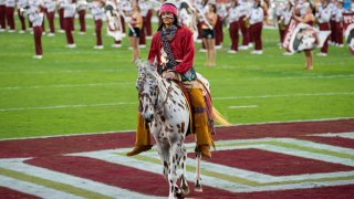 TALLAHASSEE, FL – SEPTEMBER 05: Florida State Seminoles mascot Chief Osceola rides Renegade during the game between the Notre Dame Fighting Irish and the Florida State Seminoles on September 5, 2021 at Bobby Bowden Field at Doak Campbell Stadium in Tallahassee, Fl. (Photo by David Rosenblum/Icon Sportswire via Getty Images)