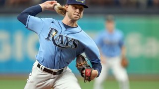 ST. PETERSBURG, FL – SEPTEMBER 26: Shane Baz #11 of the Tampa Bay Rays throws against the Miami Marlins in the first inning of a baseball game at Tropicana Field on September 26, 2021 in St. Petersburg, Florida. (Photo by Mike Carlson/Getty Images)