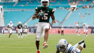 MIAMI GARDENS, FLORIDA – SEPTEMBER 25: Jacolby George #15 of the Miami Hurricanes runs into the endzone for a 44-yard touchdown reception against the Central Connecticut State Blue Devils during the second half at Hard Rock Stadium on September 25, 2021 in Miami Gardens, Florida. (Photo by Michael Reaves/Getty Images)