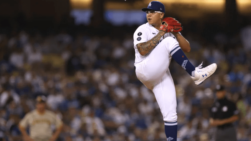 Julio Urias #7 of the Los Angeles Dodgers pitches against the San Diego Padres during the seventh inning at Dodger Stadium on September 10, 2021 in Los Angeles, California. (Photo by Harry How/Getty Images)