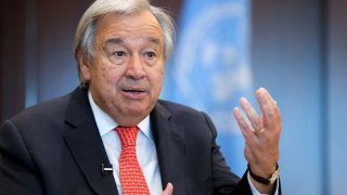 United Nations Secretary-General Antonio Guterres gestures during an interview with Reuters at the United Nations Headquarters in Manhattan, New York, September 15, 2021.