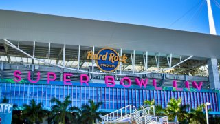 File Photo: A general view of Hard Rock Stadium with the Super Bowl LIV logo during the game between the Kansas City Chiefs and the San Francisco 49ers on February 2, 2020, in Miami Gardens, FL.