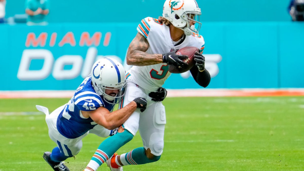 Miami Dolphins wide receiver William Fuller V (3) runs a route during an  NFL football game against the Indianapolis Colts, Sunday, Oct. 3, 2021, in  Miami Gardens, Fla. (AP Photo/Doug Murray Stock