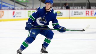 VANCOUVER, BC – MAY 3: Olli Juolevi #48 of the Vancouver Canucks skates up ice during their NHL game against the Edmonton Oilers at Rogers Arena on May 3, 2021 in Vancouver, British Columbia, Canada. (Photo by Jeff Vinnick/NHLI via Getty Images)”n