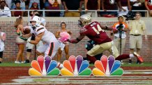 TALLAHASSEE OCTOBER 7: Wide receiver Braxton Berrios #8 of the Miami Hurricanes catches a pass for a touchdown over defensive back Kyle Meyers #14 of the Florida State Seminoles during the second half of an NCAA football game at Doak S. Campbell Stadium on October 7, 2017 in Tallahassee, Florida. (Photo by Butch Dill/Getty Images)