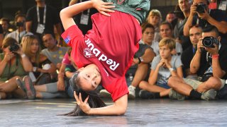 Logistx (Elann Logan Edra) from the US performs on the stage of the break dance final at the World Urban Games in Budapest, Hungary on September 14, 2019.