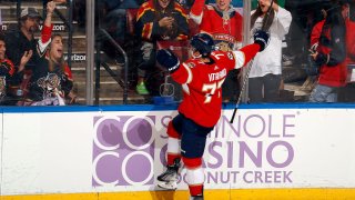 SUNRISE, FL – NOVEMBER 20: Frank Vatrano #77 of the Florida Panthers celebrates his goal during the second period against the Minnesota Wild at the FLA Live Arena on November 20, 2021 in Sunrise, Florida. (Photo by Eliot J. Schechter/NHLI via Getty Images)