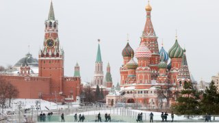 A view of the Moscow Kremlin and St Basil’s Cathedral.