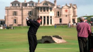 Prince Andrew tees off at the 18th hole at St. Andrews in Scotland, October, 1994.