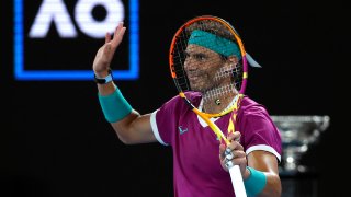 Rafael Nadal of Spain reacts during his men’s singles final match against Daniil Medvedev of Russia at the Australian Open tennis championships in Melbourne, Australia, early Monday, Jan. 31, 2022.