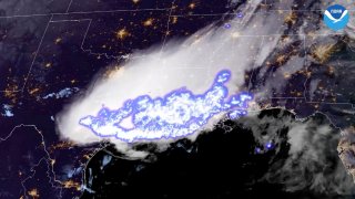 This satellite image provided by the National Oceanic and Atmospheric Administration shows a thunderstorm complex which was found to contain the longest single flash that covered a horizontal distance on record, at around 768 kilometers (477 miles) across parts of the southern United States on April 29, 2020. Two stormy parts of the Americas set records for longest lightning flashes back in 2020, the World Meteorological Organization said Monday, Jan. 31, 2022.