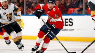 SUNRISE, FL – JANUARY 27: Sam Bennett #9 of the Florida Panthers skates with the puck against during first period action against the Vegas Golden Knights at the FLA Live Arena on January 27, 2022 in Sunrise, Florida. (Photo by Eliot J. Schechter/NHLI via Getty Images)
