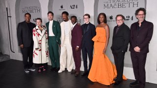 (L-R) Denzel Washington, Frances McDormand, Alex Hassell, Corey Hawkins, Sean Patrick Thomas, Lucas Barker, Moses Ingram, Stephen Root and Joel Coen