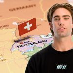 Alex Hall in front of graphic of map of Switzerland.