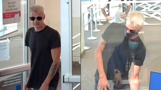 Surveillance images of a suspect in a Bank of America robbery in Miami Beach.