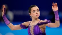 Kamila Valieva, of the Russian Olympic Committee, competes in the figure skating women's short program at the 2022 Winter Olympics, Tuesday, Feb. 15, 2022, in Beijing.