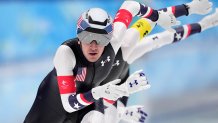 Team United States, led by Casey Dawson, with Emery Lehman center and Ethan Cepuran, compete during the speedskating men's team pursuit semifinals at the 2022 Winter Olympics, Feb. 15, 2022, in Beijing, China.