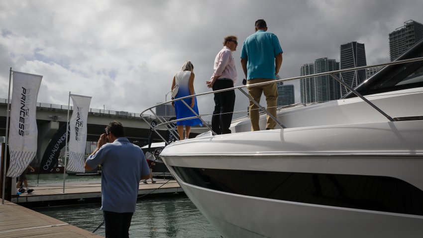 The F50 Princess yacht on the opening day of the Miami International Boat Show in Miami, Florida, U.S., on Thursday, Feb. 16, 2022. The event’s organizers expect more than 100,000 visitors this year, after it was canceled last year due to the coronavirus pandemic. Photographer: Eva Marie Uzcategui/Bloomberg via Getty Images