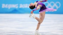 Kamila Valieva of Team ROC skates during the Women Single Skating Short Program on day eleven of the Beijing 2022 Winter Olympic Games at Capital Indoor Stadium on Feb. 15, 2022 in Beijing, China. Valieva placed first and advanced to the free skate finals after being allowed to compete in the midst of her controversial doping scandal.