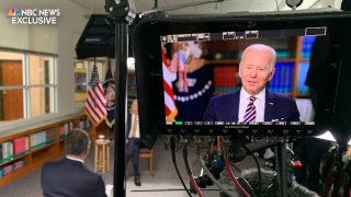 President Joe Biden, pictured, speaks with Lester Holt during a pre-Super Bowl interview set to air on Feb. 13, 2022.