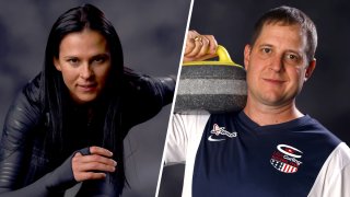 Team USA speedskater Brittany Bowe, left, and curler John Shuster, right, will be this year's flagbearers for the United States at the 2022 Winter Olympic Games.