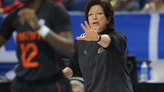 GREENSBORO, NC – MARCH 05: Miami Hurricanes head coach Katie Meier calls out a play during the ACC Tournament semifinal game between the Notre Dame Fighting Irish and the Miami Hurricanes on March 5, 2022 at Greensboro Coliseum. (Photo by Nicholas Faulkner/Icon Sportswire via Getty Images)
