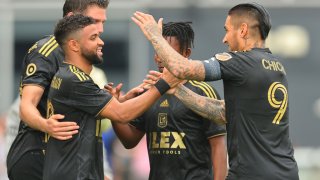 FORT LAUDERDALE, FLORIDA – MARCH 12: Ismael Tajouri #19 of Los Angeles FC celebrates with teammates after scoring a goal against Inter Miami CF during the second half at DRV PNK Stadium on March 12, 2022 in Fort Lauderdale, Florida. (Photo by Michael Reaves/Getty Images)