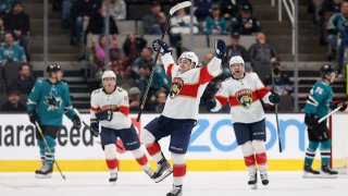 SAN JOSE, CALIFORNIA – MARCH 15: Frank Vatrano #77 of the Florida Panthers celebrates after he scored the winning goal against the San Jose Sharks in overtime at SAP Center on March 15, 2022 in San Jose, California. (Photo by Ezra Shaw/Getty Images)