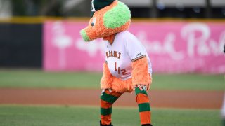 CORAL GABLES, FL – APRIL 21: Miami mascot, the Maniac performs during a college baseball game between the Florida State University Seminoles and the University of Miami Hurricanes on April 21, 2017 at Alex Rodriguez Park at Mark Light Field, Coral Gables, Florida. FSU defeated Miami 6-3. (Photo by Richard C. Lewis/Icon Sportswire via Getty Images)