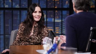 (l-r) Actress Courteney Cox during an interview with host Seth Meyers