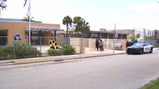 Miami-Dade County Public Schools Police outside Norland Middle School after two fights broke out on May 4, 2022.