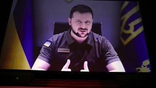 President of Ukraine Volodymyr Zelenskyy appears via remote during the opening ceremony of the 75th international film festival, Cannes, southern France, Tuesday, May 17, 2022.