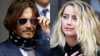 FILE - Johnny Depp appears at the High Court in London, July 17, 2020, left, and Amber Heard appears outside the High Court in London, July 28, 2020.