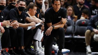 MIAMI, FLORIDA – NOVEMBER 04: Head coach Erik Spoelstra of the Miami Heat argues a call with referee Scott Foster #48 against the Boston Celtics during the second quarter at FTX Arena on November 04, 2021 in Miami, Florida. NOTE TO USER: User expressly acknowledges and agrees that, by downloading and or using this photograph, User is consenting to the terms and conditions of the Getty Images License Agreement. (Photo by Michael Reaves/Getty Images)