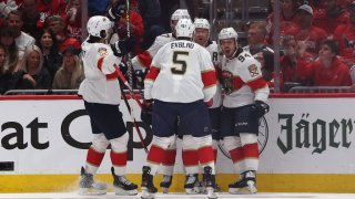 WASHINGTON, DC – MAY 13: Ryan Lomberg #94 of the Florida Panthers celebrates his goal with teammates against the Washington Capitals during the second period in Game Six of the First Round of the 2022 Stanley Cup Playoffs at Capital One Arena on May 13, 2022 in Washington, DC. (Photo by Patrick Smith/Getty Images)
