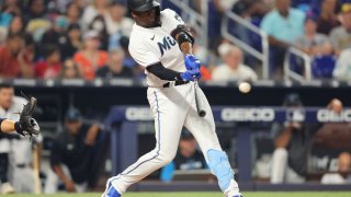 MIAMI, FLORIDA – MAY 14: Jorge Soler #12 of the Miami Marlins hits a solo home run in the fourth inning against the Milwaukee Brewers at loanDepot park on May 14, 2022 in Miami, Florida. (Photo by Michael Reaves/Getty Images)