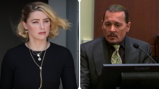 FILE - Amber Heard is seen leaving the courthouse after a verdict and Johnny Depp is seen on the stand