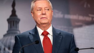 Sen. Lindsey Graham (R-SC) speaks during a news conference in response to President Joe Bidens decision to pull all American troops out of Afghanistan by Sept. 11, 2021, on Capitol Hill on Wednesday, April 14, 2021 in Washington, DC.