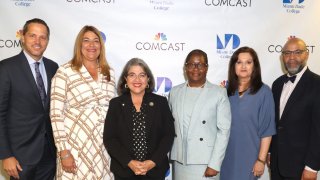 MIAMI, FLORIDA – JULY 12: (L-R) Derek Cooper, Miami-Dade College President Madeline Pumariega, Miami-Dade County Mayor Daniella Levine Cava, Dr. Malou C. Garrison, Marta Casas-Celaya and Rick Beasly pose for a photo together as Comcast is partnering with Miami Dade College to launch first of its kind Digital Navigator Program in South Florida at Miami Dade College on July 12, 2022 in Miami, Florida. (Photo by Alexander Tamargo/Getty Images for Comcast )