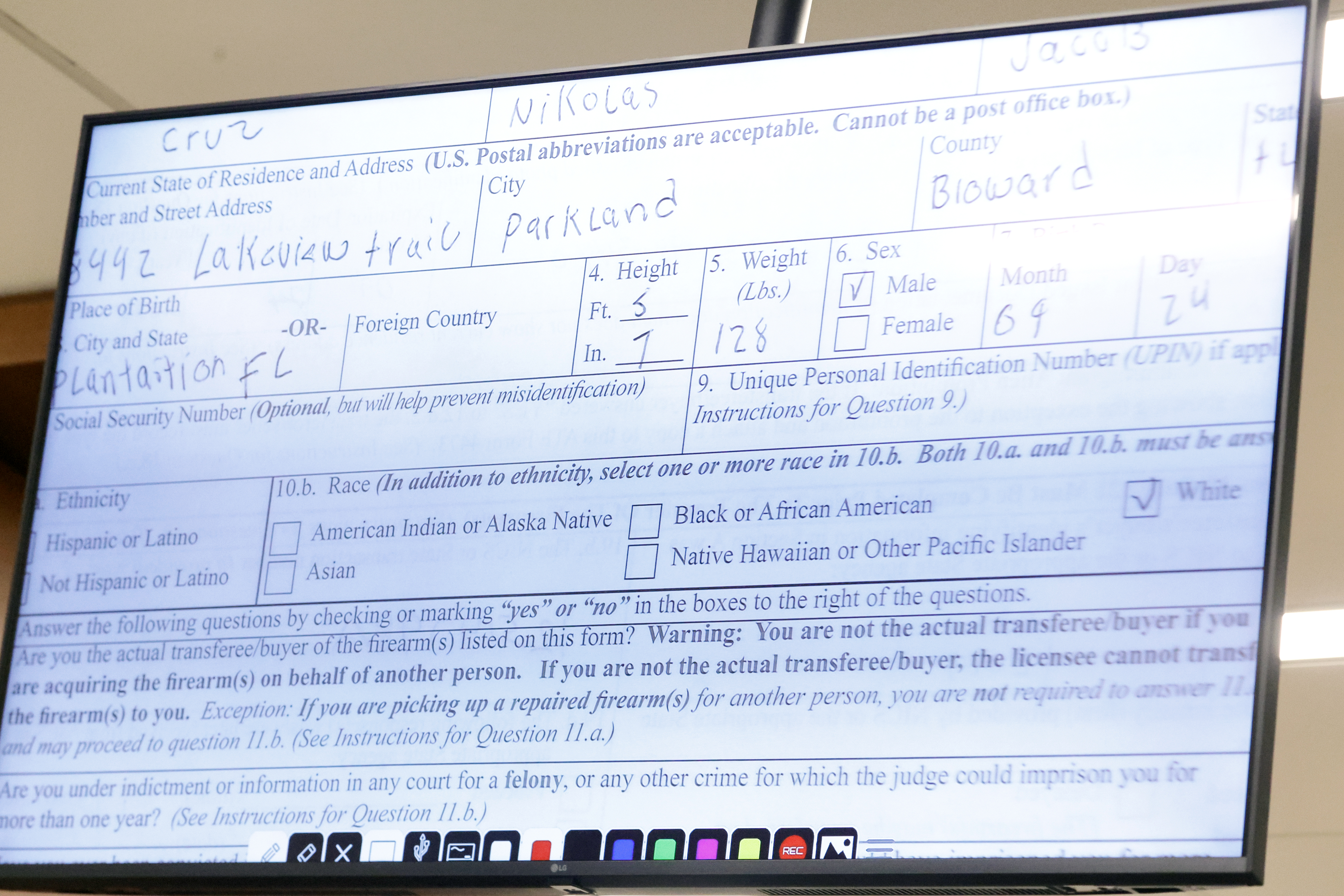 The form Nikolas Cruz filled out to purchase his gun from Sunrise Tactical Supply.