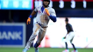 MIAMI, FLORIDA – JULY 29: Starling Marte #6 of the New York Mets runs to third base after hitting a triple during the second inning against the Miami Marlins at loanDepot park on July 29, 2022 in Miami, Florida. (Photo by Megan Briggs/Getty Images)