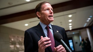 U.S. Senator Richard Blumenthal (D-CT) speaks to reporters during a break from a Senate Armed Services and Foreign Relations joint briefing on the U.S. policy on Afghanistan, on Capitol Hill in Washington, February 2, 2022.