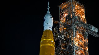 NASA’s Artemis I Moon rocket is rolled out to Launch Pad Complex 39B at Kennedy Space Center, in Cape Canaveral, Florida, on August 16, 2022.